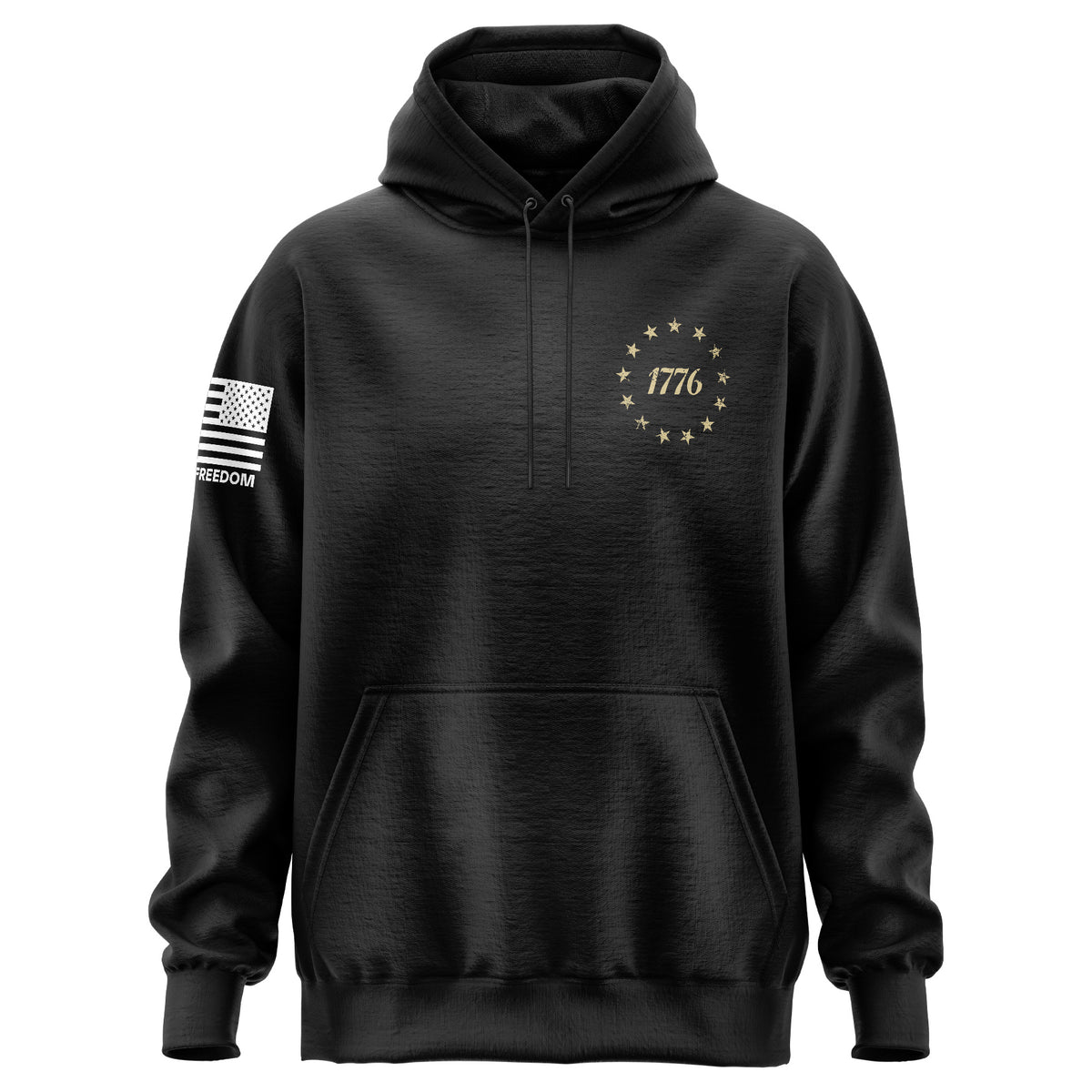 A black pullover hoodie with a drawstring hood and kangaroo pocket, featuring a gold circular 1776 star design on the left chest and a black-and-white American flag patch with the word 'FREEDOM' on the right sleeve, shown on a plain white background.