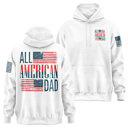 All American Dad Hoodie front view — bold patriotic men's heavyweight fleece hoodie, navy and red graphic
