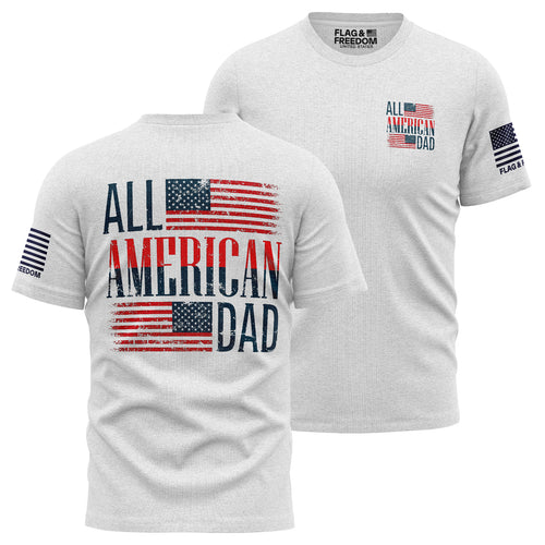 All American Dad T-Shirt front view — patriotic men's cotton tee with American dad graphic, bold red and navy design