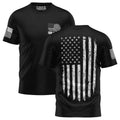 Black patriotic hoodie with large distressed American flag back print
