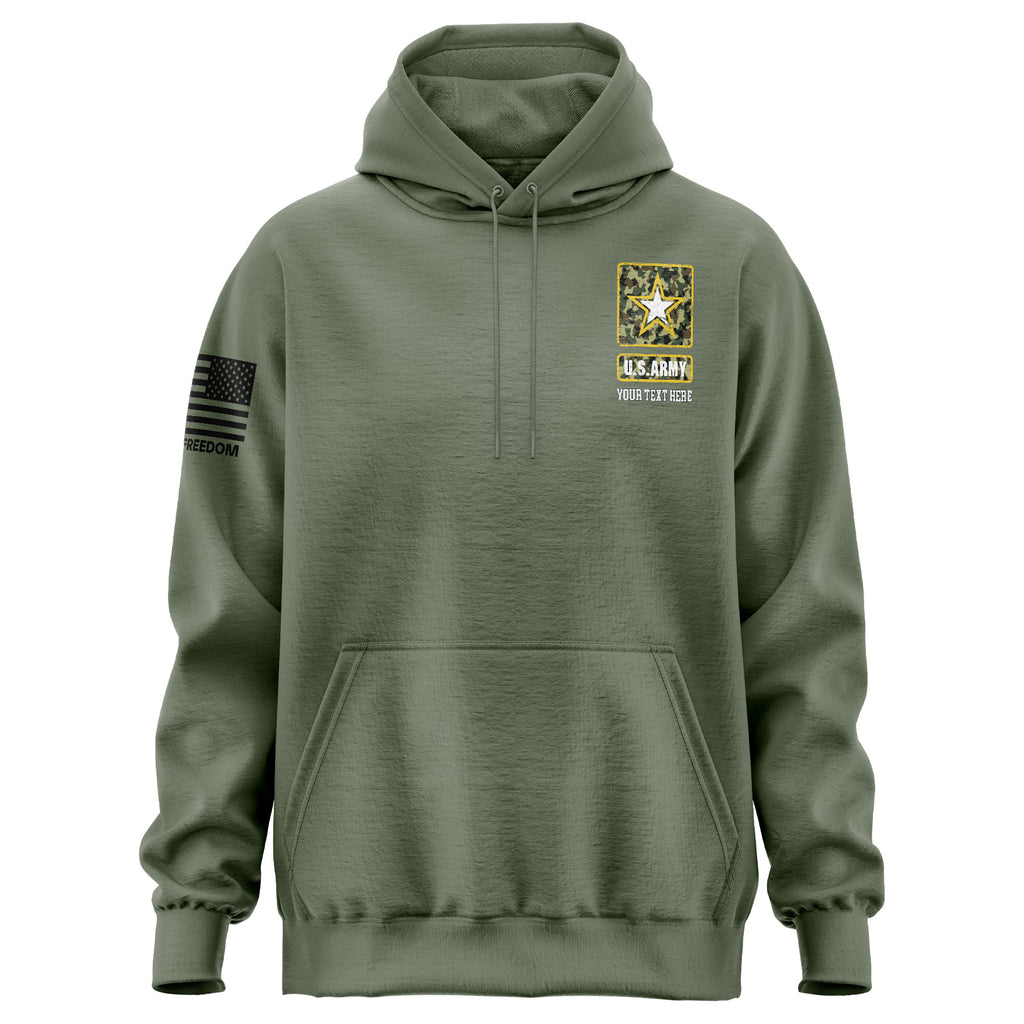 Custom US Army hoodie with personalized text, designed for soldiers, veterans, Army families, and supporters.