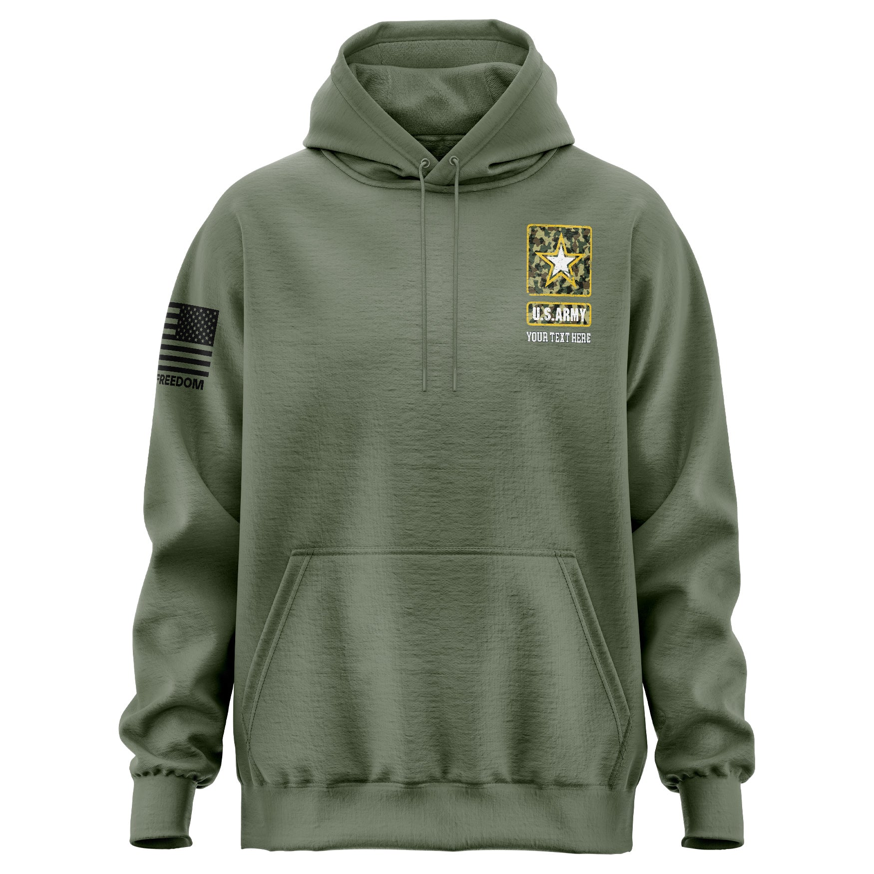 Custom US Army hoodie with personalized text, designed for soldiers, veterans, Army families, and supporters.