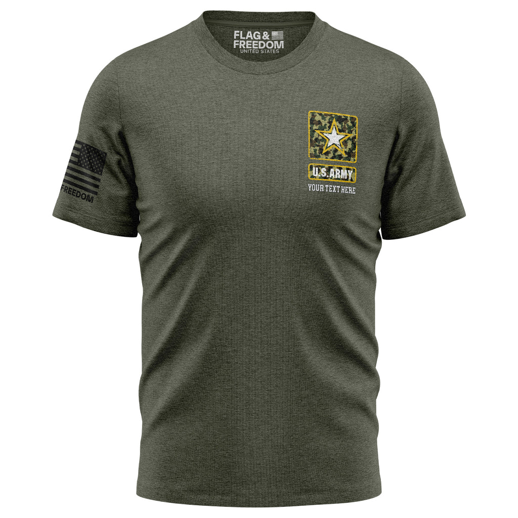 Custom US Army T-shirt with personalized text, created for soldiers, veterans, Army families, and supporters.