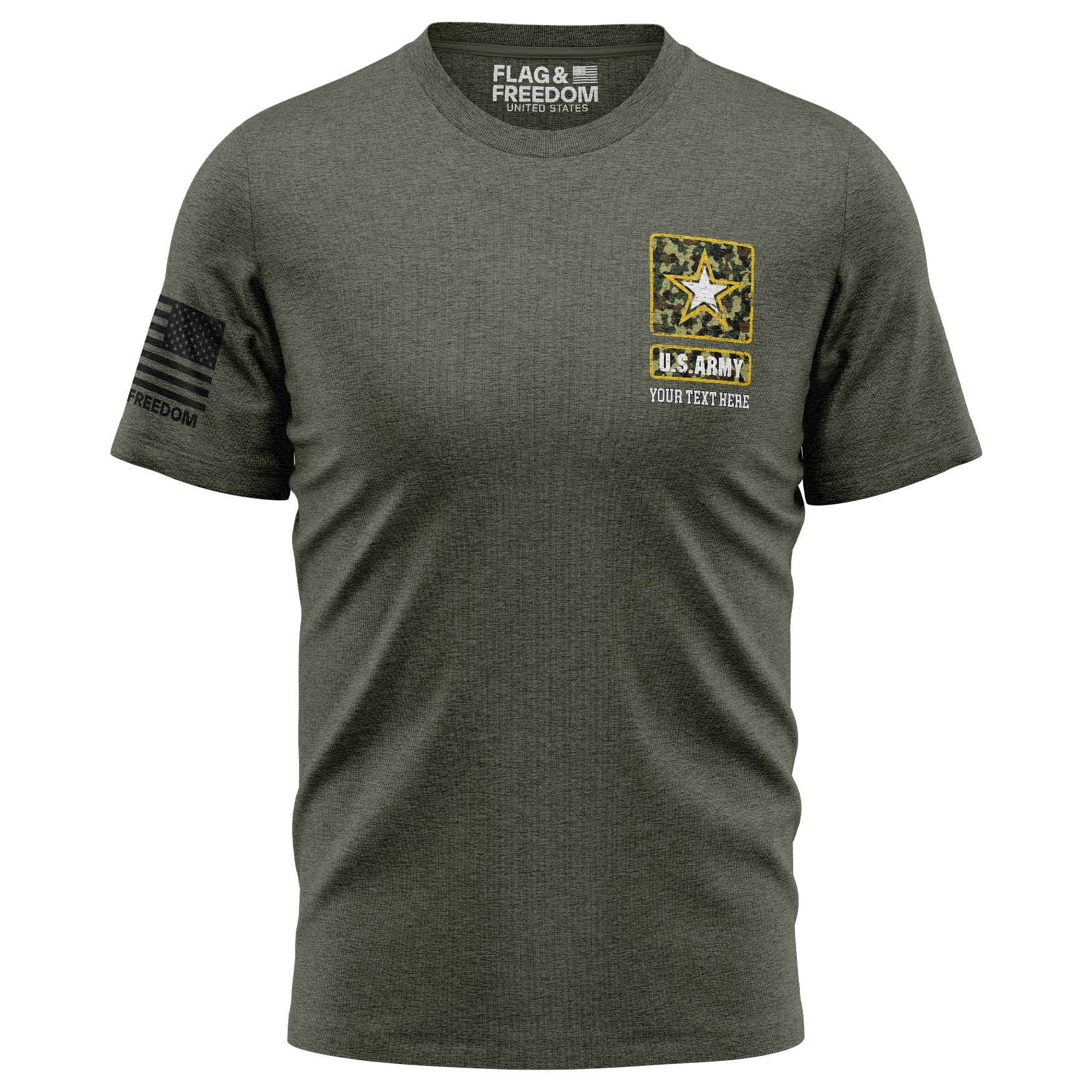 Custom US Army T-shirt with personalized text, created for soldiers, veterans, Army families, and supporters.