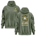 Custom US Army hoodie featuring the US Army logo with personalized text displayed underneath.