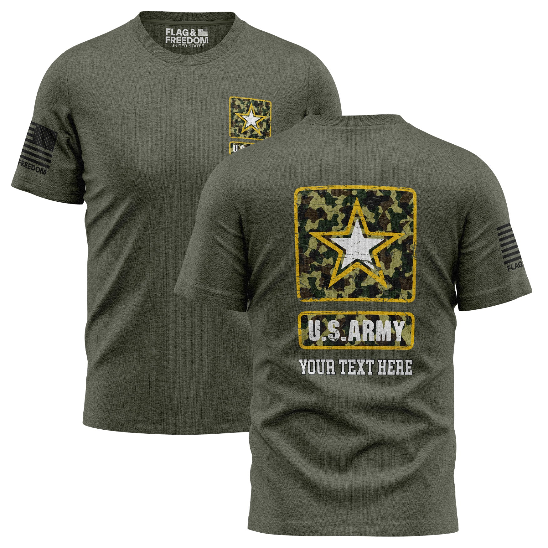 Custom US Army T-shirt featuring the US Army logo with personalized text displayed underneath.