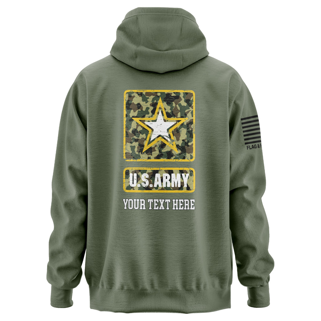 Personalized Army hoodie showing the US Army logo and custom text option for a name, unit, or message.