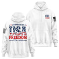USA Freedom 250 Hoodie front view — white patriotic men's heavyweight hoodie with bold USA 250th anniversary freedom graphic