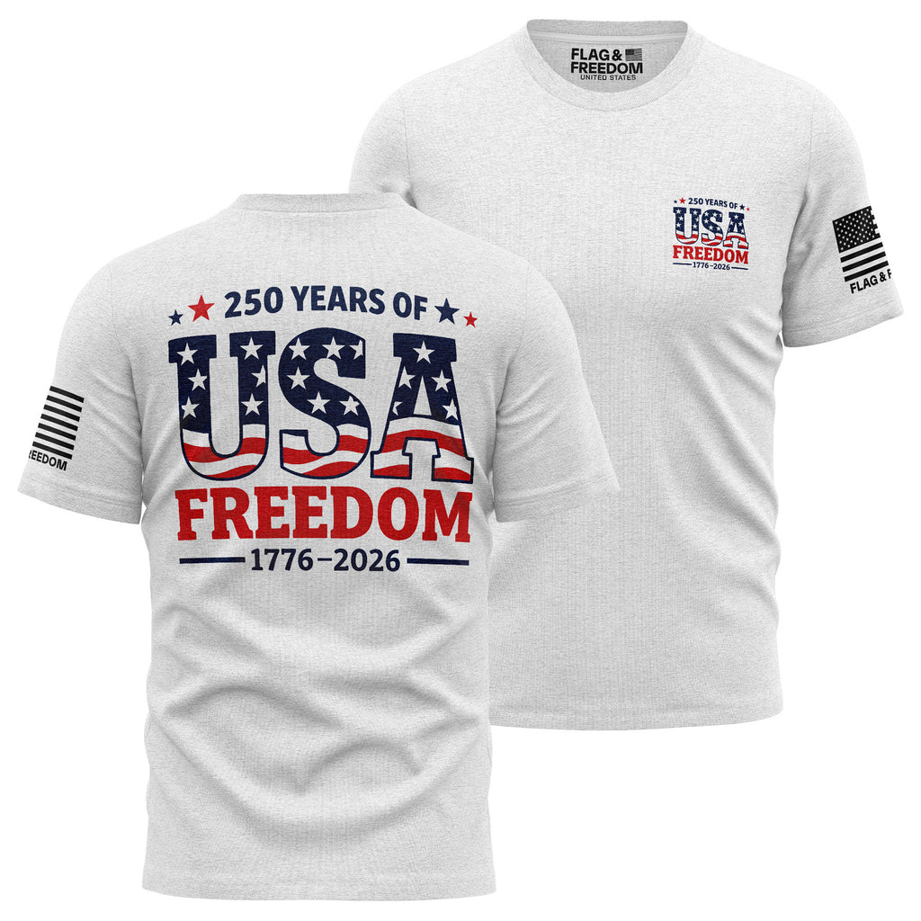 USA Freedom 250 T-Shirt front view — white patriotic men's cotton tee with bold USA 250th anniversary freedom graphic