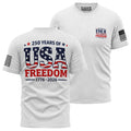 USA Freedom 250 T-Shirt front view — white patriotic men's cotton tee with bold USA 250th anniversary freedom graphic