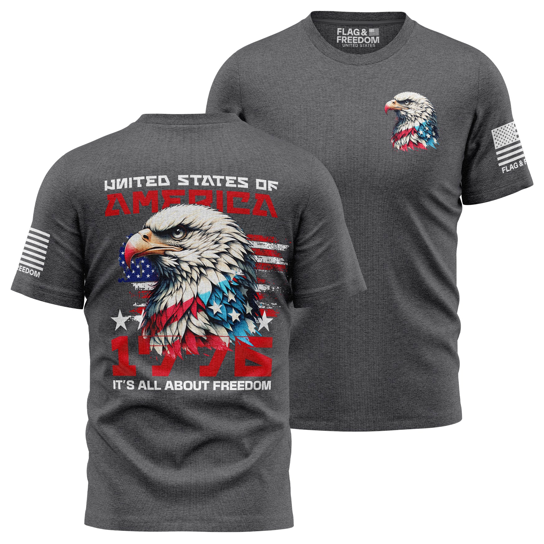 It's All About The Freedom T-Shirt front view — patriotic men's cotton tee with freedom graphic, red white and blue American design