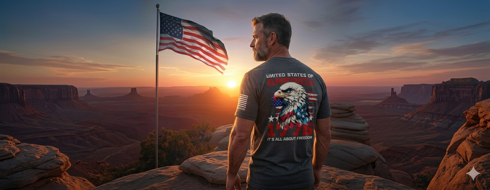 Man wearing Flag and Freedom patriotic apparel standing outdoors, printed and shipped from Austin, Texas