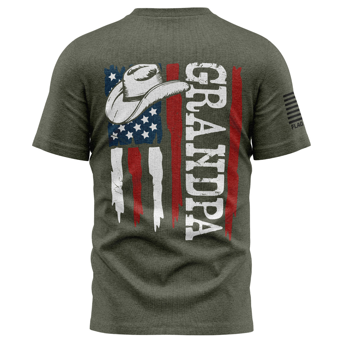 Military green Grandpa T-shirt with large distressed American flag and cowboy hat back graphic