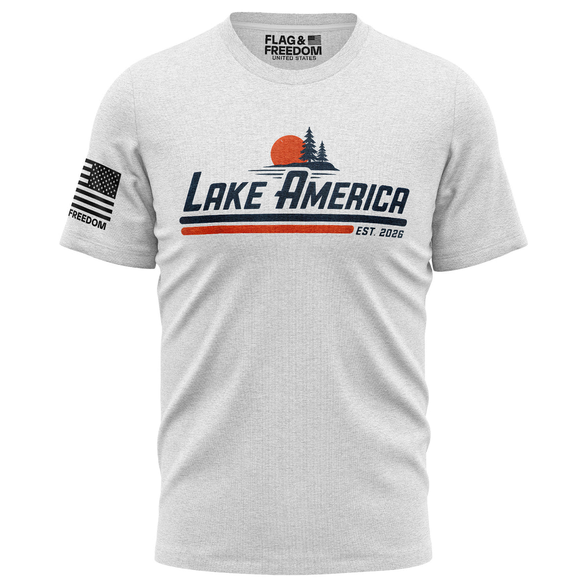 A light heather gray short-sleeve t-shirt with a 'Lake America' graphic on the chest and a black-and-white American flag print on the sleeve. The inner neck label shows the brand 'FLAG & FREEDOM'.